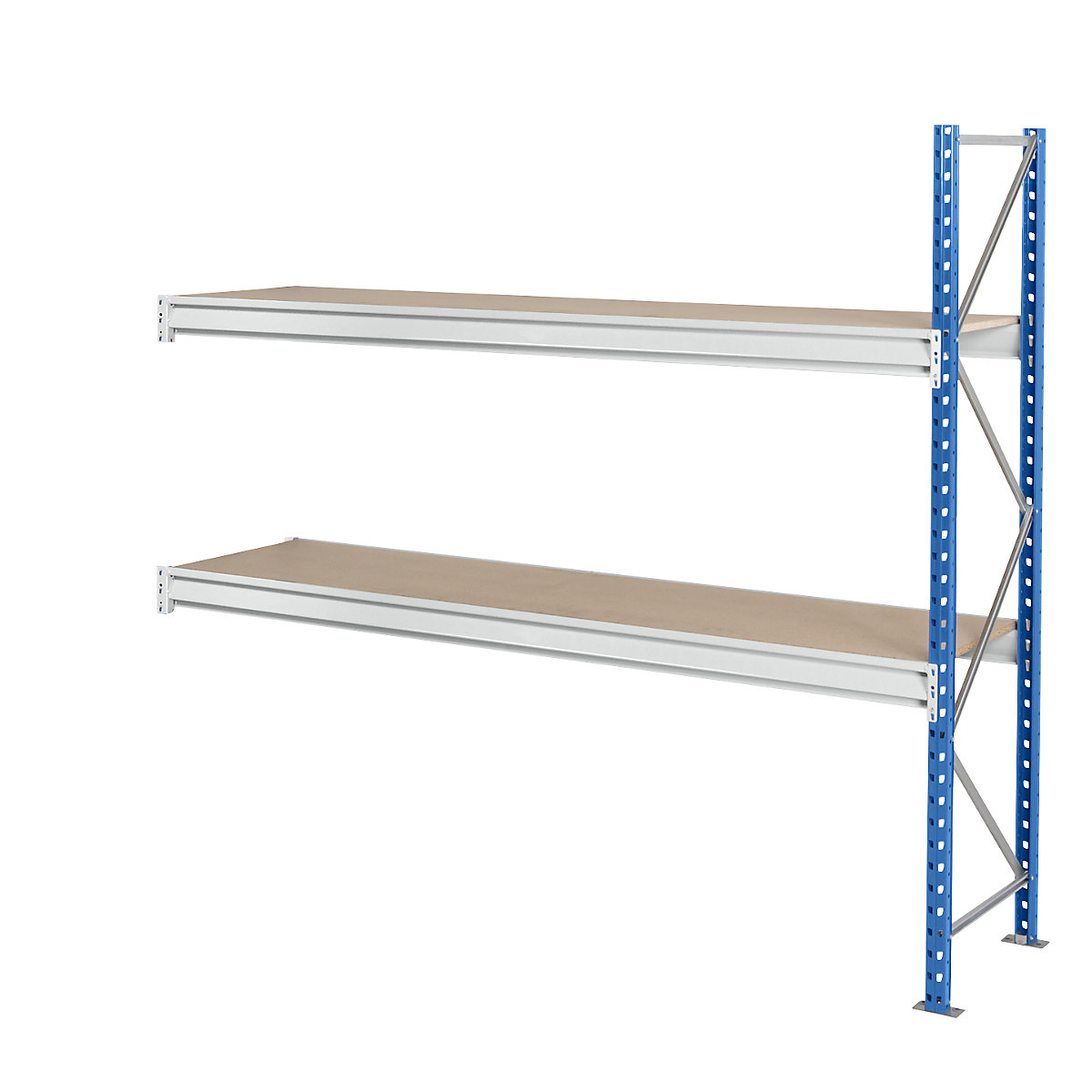 Heavy duty wide span shelving with moulded chipboard shelf panels