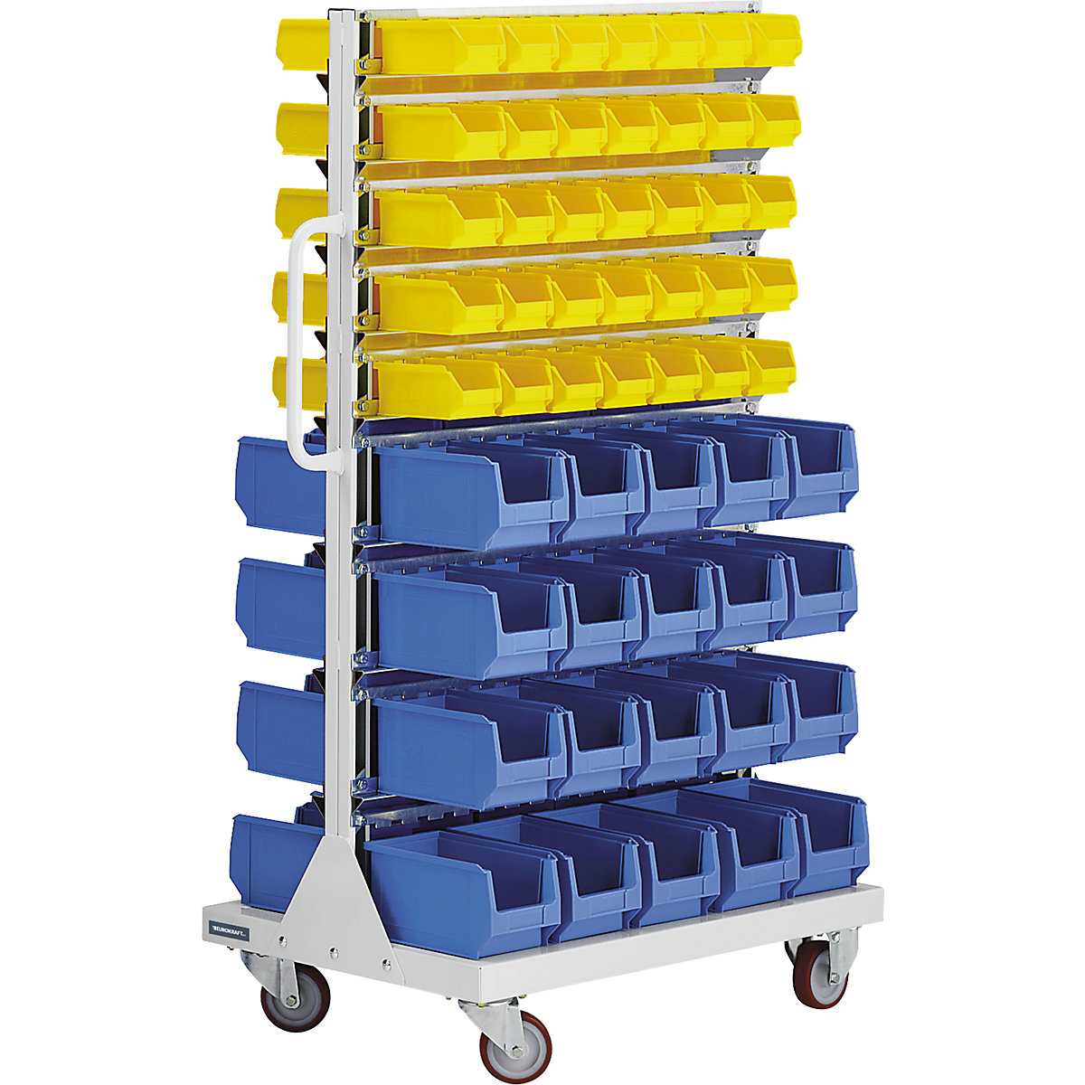 Mobile rack with open fronted storage bins – eurokraft pro, double sided, HxWxD 1450 x 855 x 540 mm, with 110 bins-3