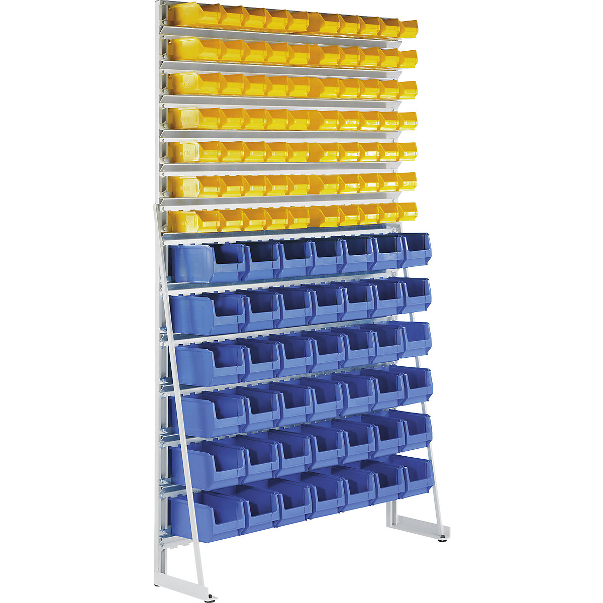 Free-standing small parts shelf unit with open fronted storage bins – eurokraft pro, single sided, with 140 open fronted storage bins-1