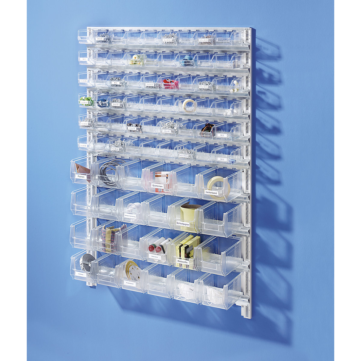 Wall shelf system with open fronted storage bins - mauser