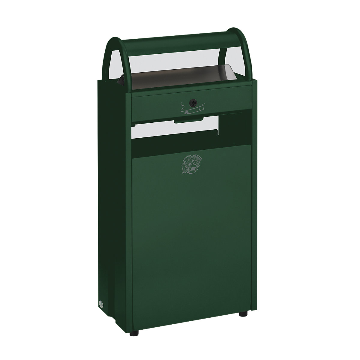 Recipiente do lixo com cinzeiro – VAR, volume 60 l, LxAxP 480 x 960 x 250 mm, verde RAL 6005-0