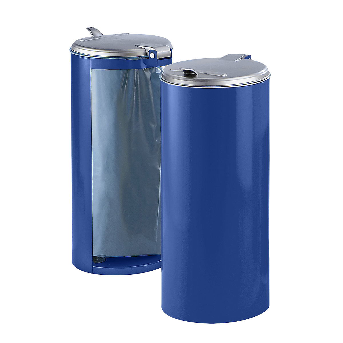 Coletor de lixo de chapa de aço – VAR, para volumes de 120 l, anteparo frontal, azul com tampa de plástico pintada em prateado-0