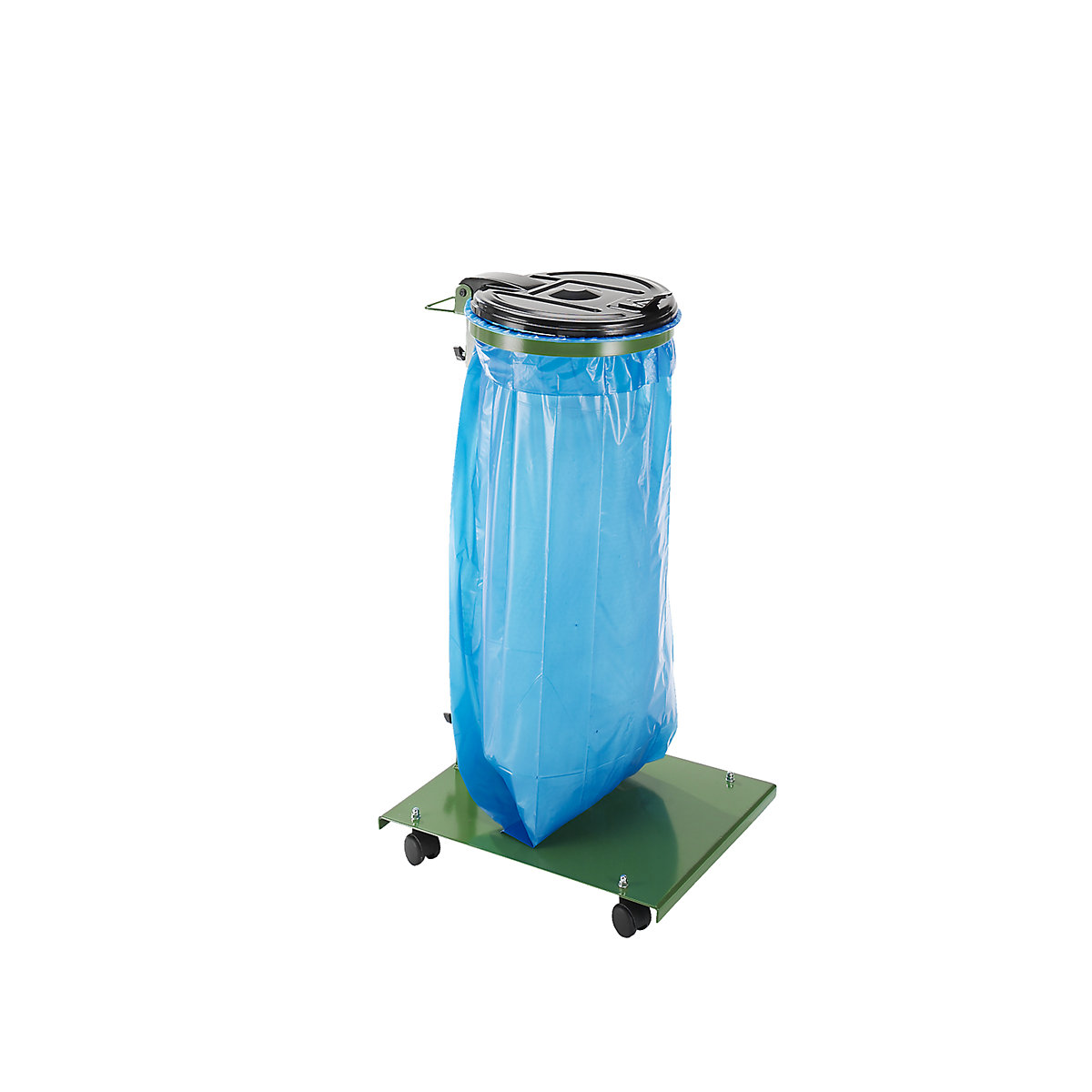 Soporte para bolsas de basura, para 120 l de capacidad, con placa base, rodante, armazón y tapa verdes-1