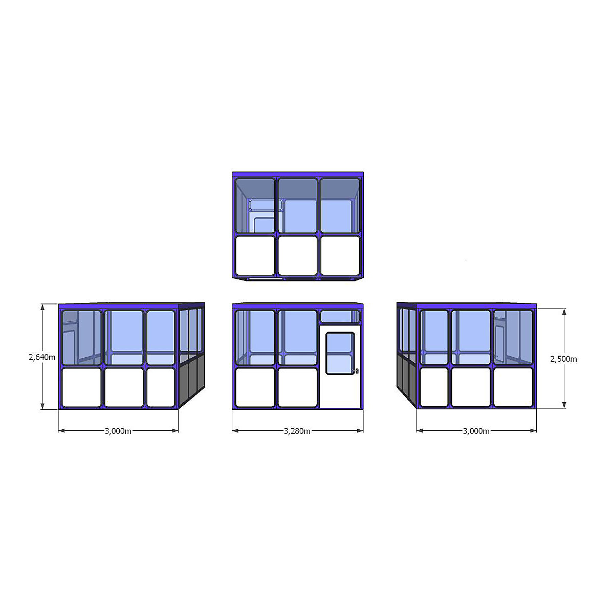 Cabine multiusos, painéis com aspeto de cantos arredondados, para interiores, CxL 3280 x 3000 mm-0
