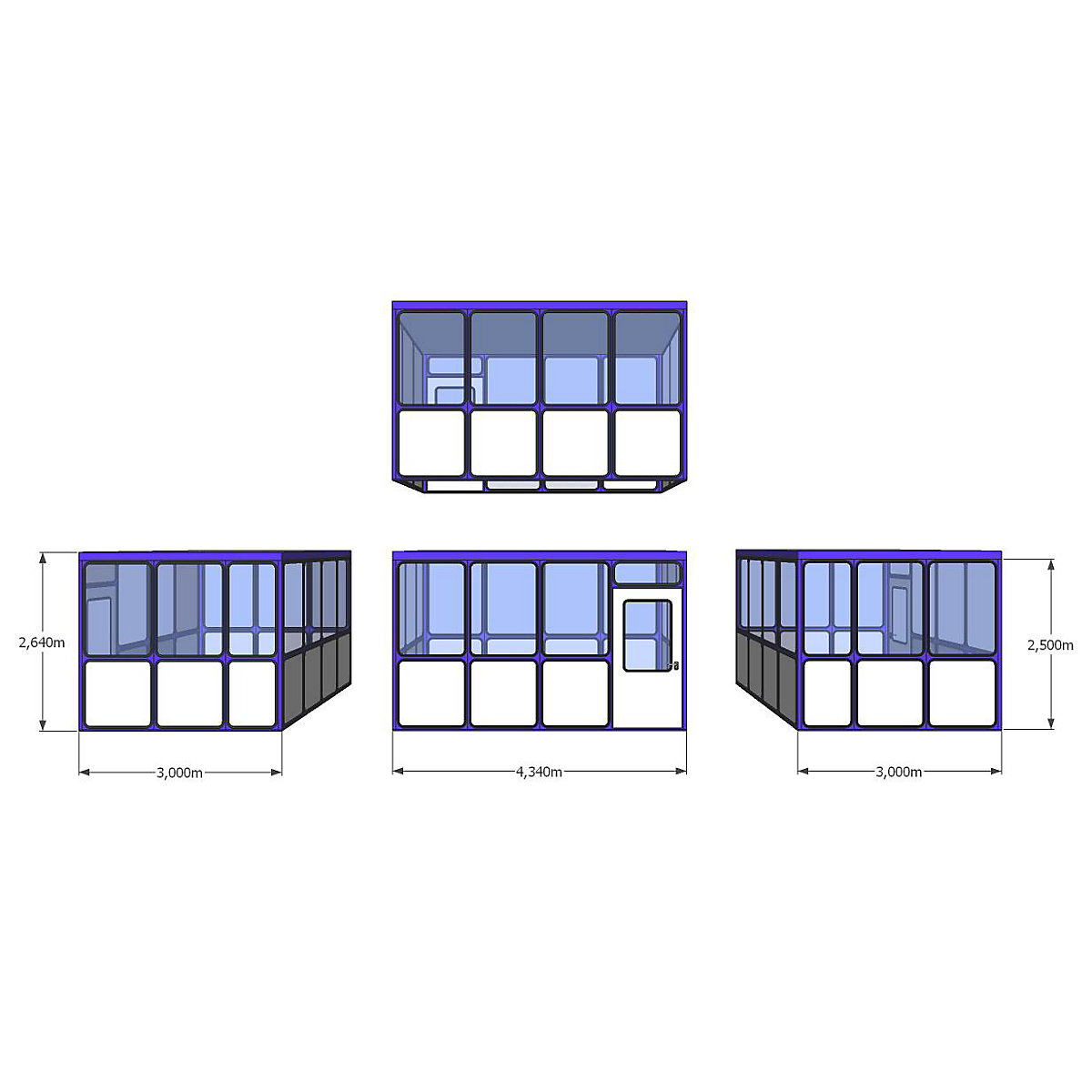 Cabine multiusos, painéis com aspeto de cantos arredondados, para interiores, CxL 4340 x 3000 mm-0