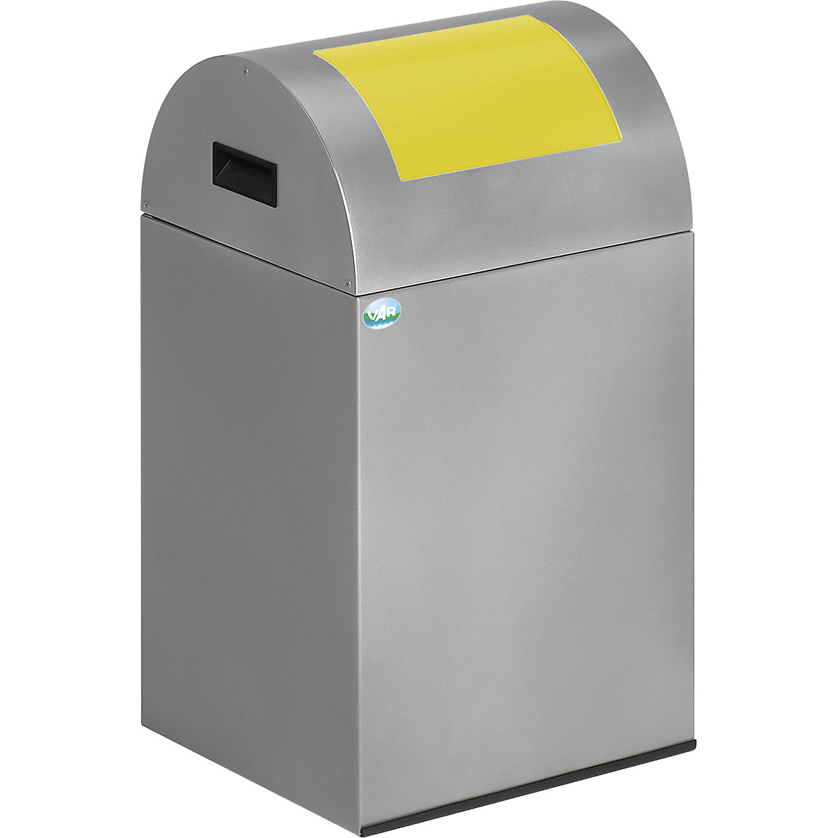 Recipient cu autostingere, de colectare a deșeurilor reciclabile – VAR, volum 43 l, î. x lăț. x ad. 600 x 320 x 320 mm, argintiu, clapetă galbenă-0