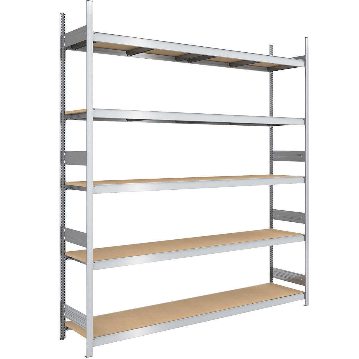 Raft mare cu inserare cu polițe din placă fibrolemnoasă – hofe, înălțime 3000 mm, lățime 2500 (2 x 1250) mm, capacitate portantă 2000 kg, ad. 600 mm, raft de bază-0