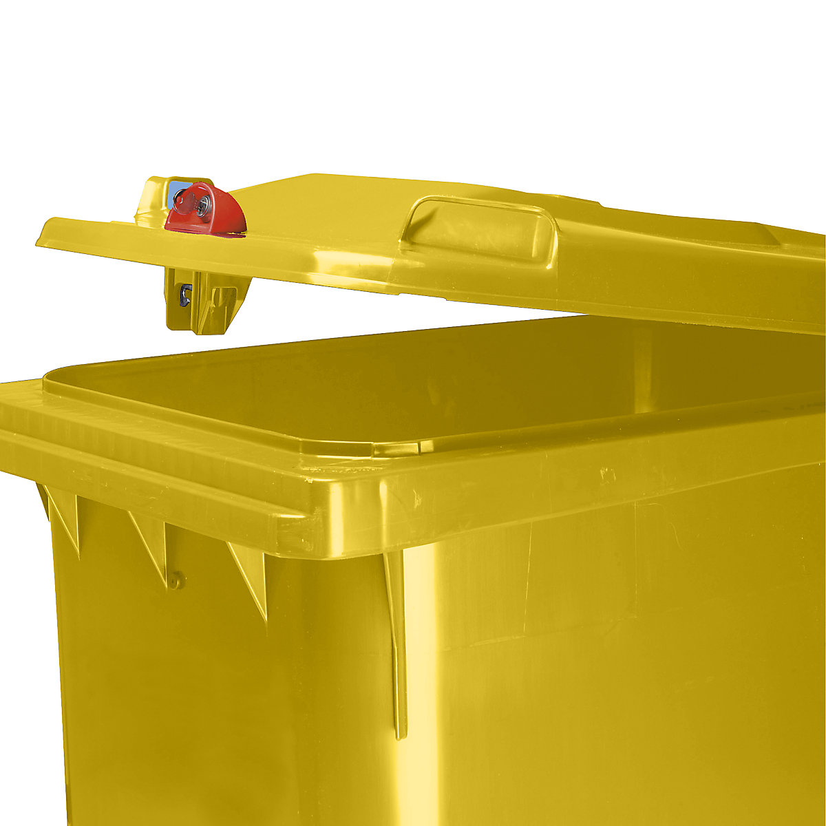 Bidone per rifiuti con serratura a caduta, capacità 360 l, alt. x largh. x prof. 665 x 1115 x 880 mm, Ø ruota 200 mm, giallo-0