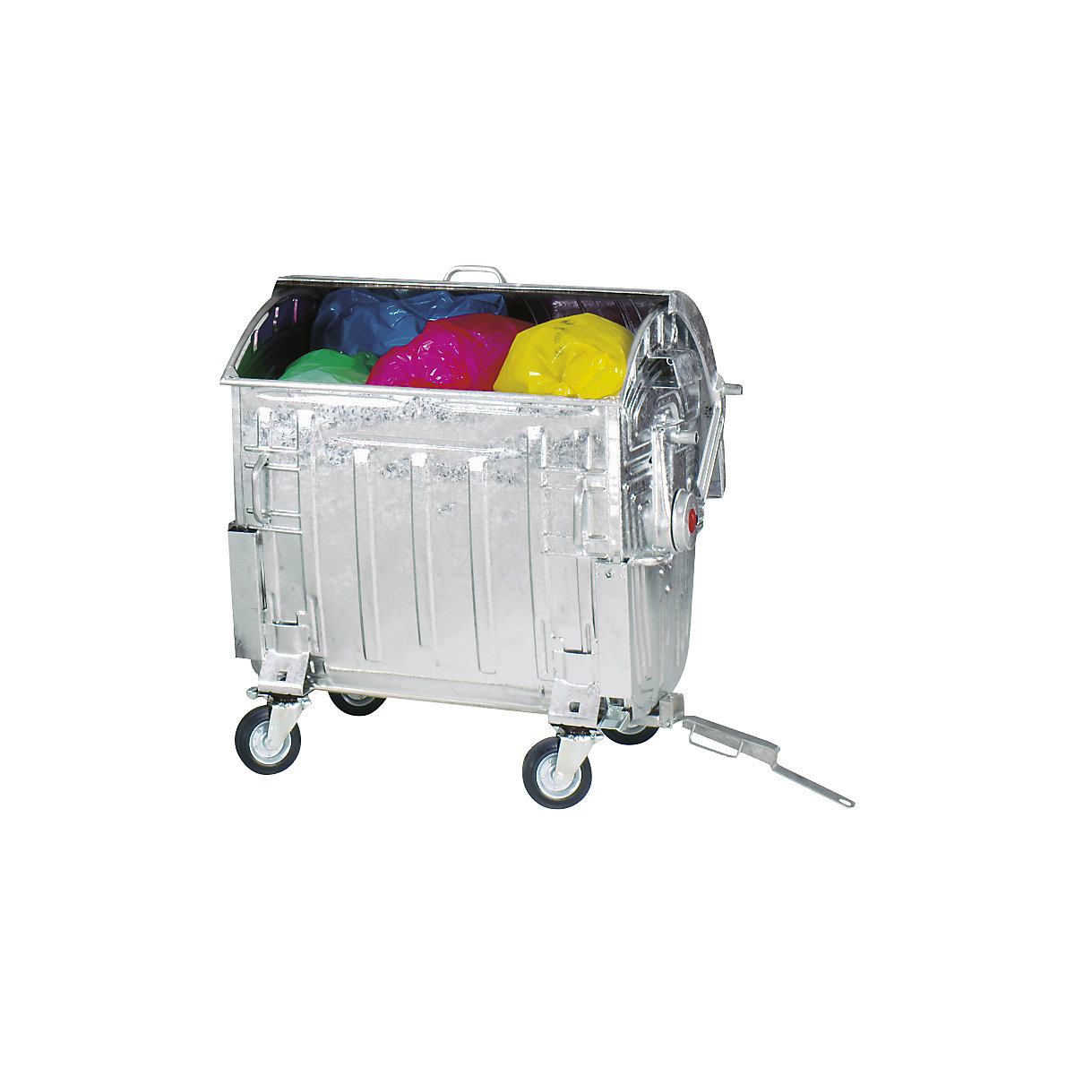 Container per rifiuti in acciaio, DIN EN 840-5/-6, capacità 1100 l, con timone, gancio per rimorchio, bloccaggio di sicurezza per bambini, zincato-0