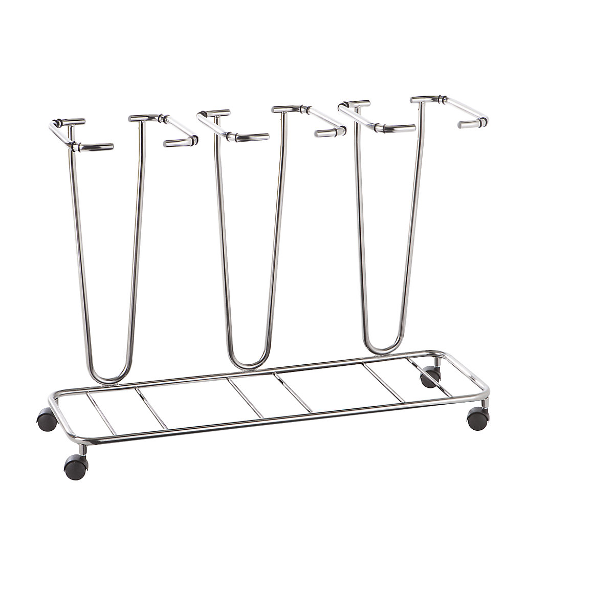 Supporto senza coperchio per sacchi rifiuti per materiale riciclabile, per capacità 3 x 70 l, telaio mobile, acciaio inox-0