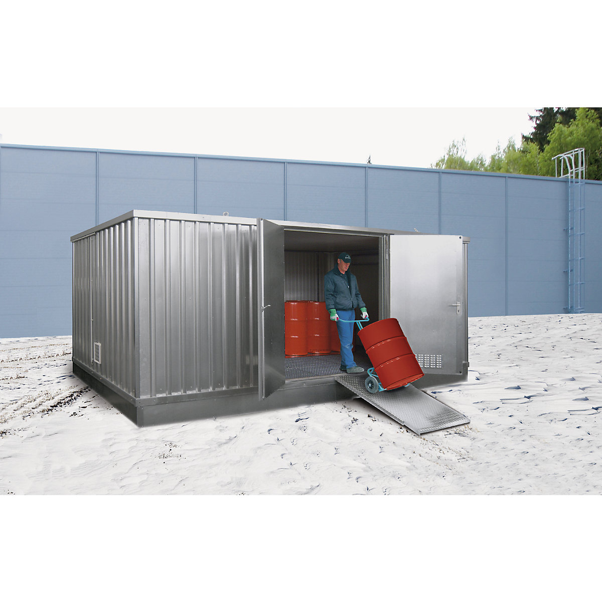 Container di magazzinaggio per sostanze inquinanti per le acque, isolato contro il freddo – LaCont, alt. x largh. x prof. esterne 2585 x 5075 x 6300 mm, zincato-0