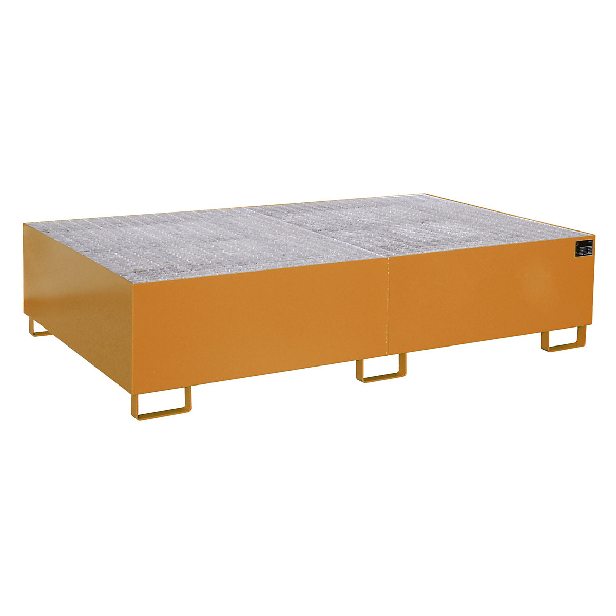 Regałowa wanna podłogowa – eurokraft pro, poj. wychwytowa 1000 l, dł. x szer. x wys. 2150 x 1300 x 505 mm, z rusztem kratowym, lakierowana na kolor pomarańczowy-0