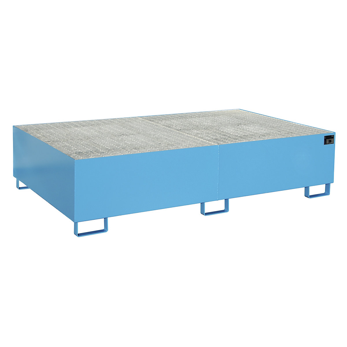 Regałowa wanna podłogowa – eurokraft pro, poj. wychwytowa 1000 l, dł. x szer. x wys. 2150 x 1300 x 505 mm, z rusztem kratowym, lakierowana na kolor niebieski-0