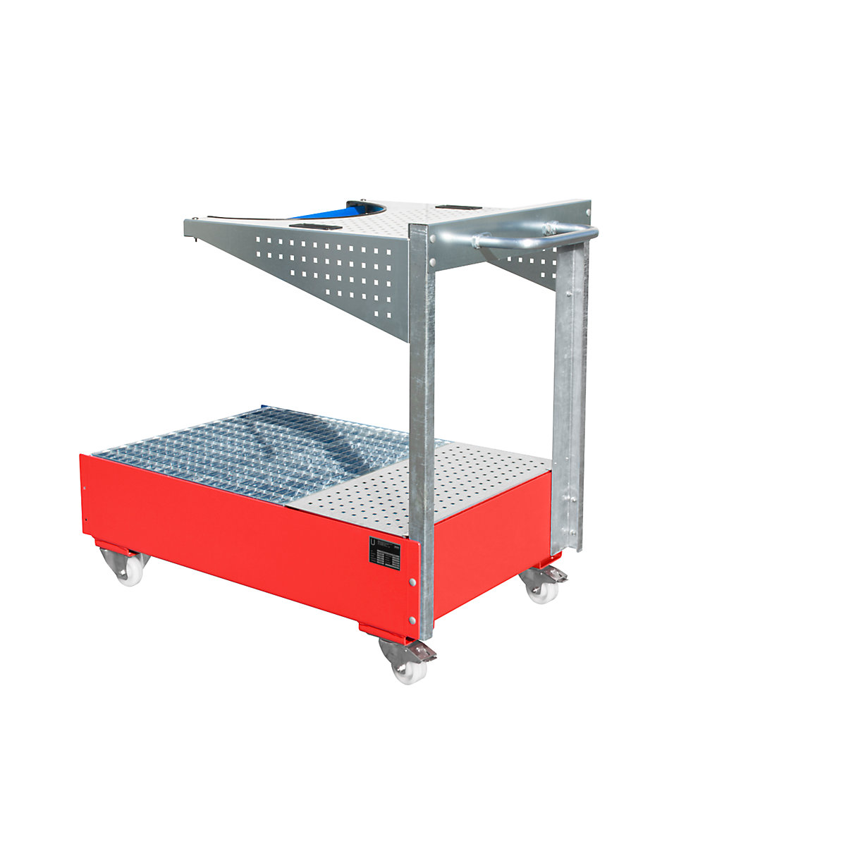 Wanna wychwytowa na kółkach z perforowanym wspornikiem, na 1 x beczka 200 l, dł. x szer. x wys. 1450 x 800 x 1195 mm, lakierowanie na kolor czerwony-0