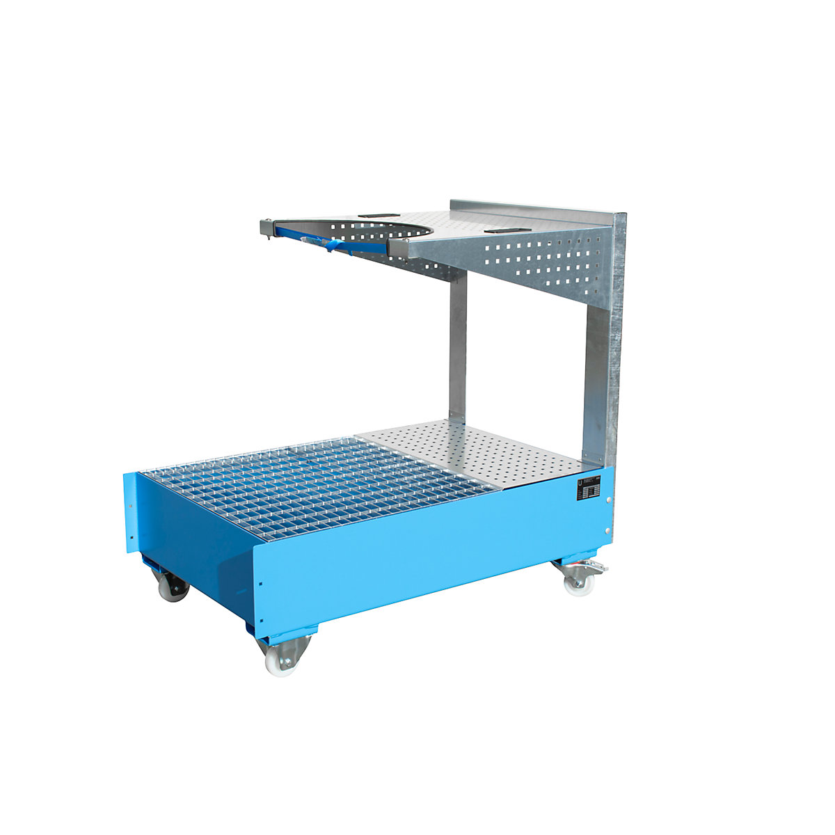 Wanna wychwytowa na kółkach z perforowanym wspornikiem, na 1 x beczka 200 l, dł. x szer. x wys. 1450 x 800 x 1195 mm, lakierowanie na kolor jasnoniebieski-0