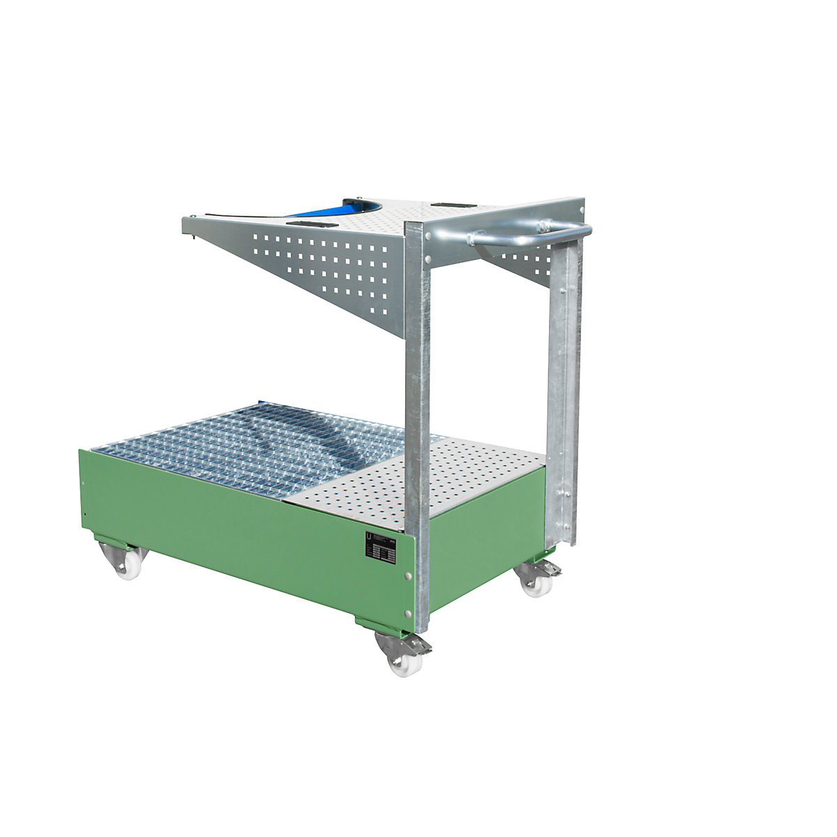 Wanna wychwytowa na kółkach z perforowanym wspornikiem, na 1 x beczka 200 l, dł. x szer. x wys. 1450 x 800 x 1195 mm, lakierowanie na kolor rezedowo-zielony-0