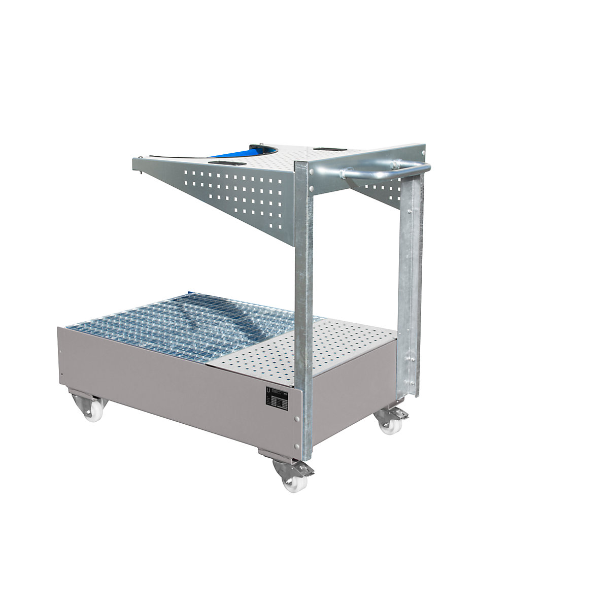 Wanna wychwytowa na kółkach z perforowanym wspornikiem, na 1 x beczka 200 l, dł. x szer. x wys. 1450 x 800 x 1195 mm, lakierowanie na kolor szaro-mysi-0