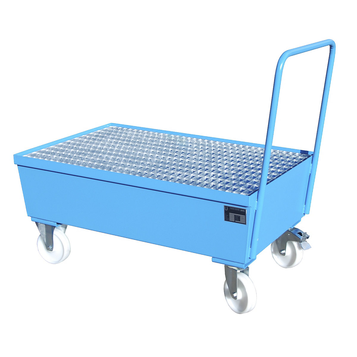 EUROKRAFTpro – Ruchoma stalowa wanna wychwytowa z profilowaniem krawędzi, na beczki 200 l, 2 x stojące, dł. x szer. x głęb. 1200 x 800 x 570 mm, niebieski, RAL 5012