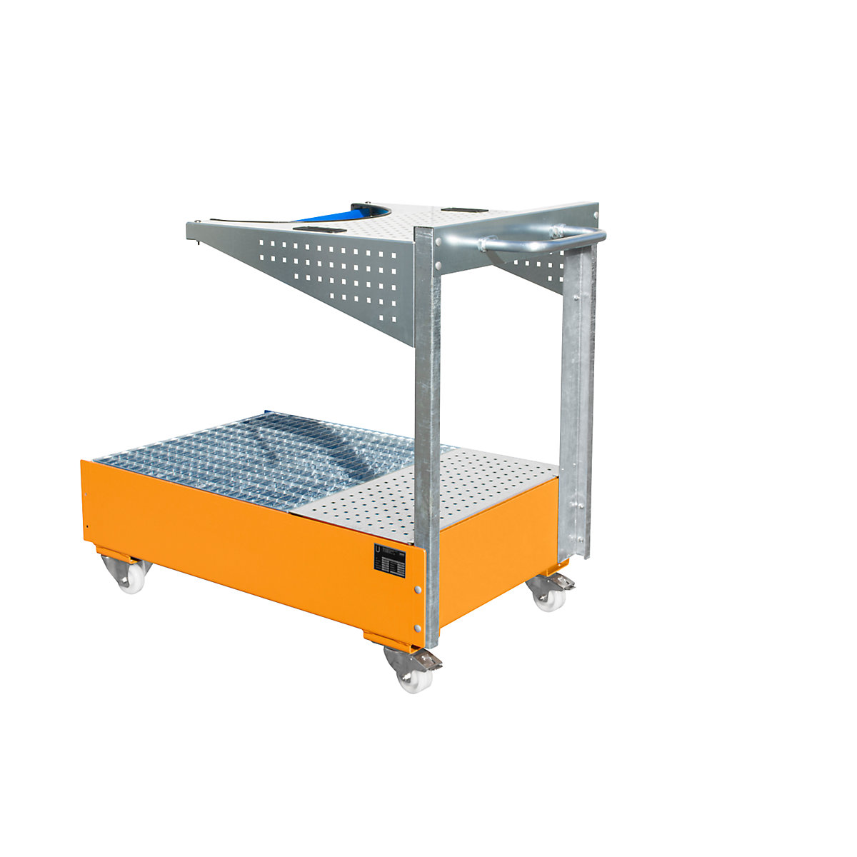 Pojízdná záchytná vana s konzolou z děrované desky, pro 1 sud po 200 l, d x š x v 1450 x 800 x 1195 mm, žlutooranžový lak-0