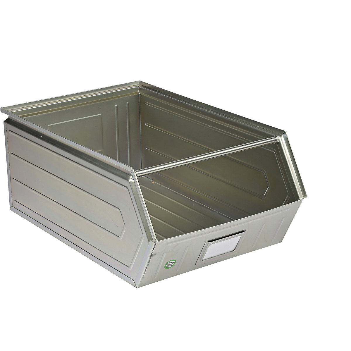 Otwarty pojemnik magazynowy z blachy stalowej, dł. x szer. x wys. 700 x 450 x 300 mm, z drążkiem, ocynkowany-0