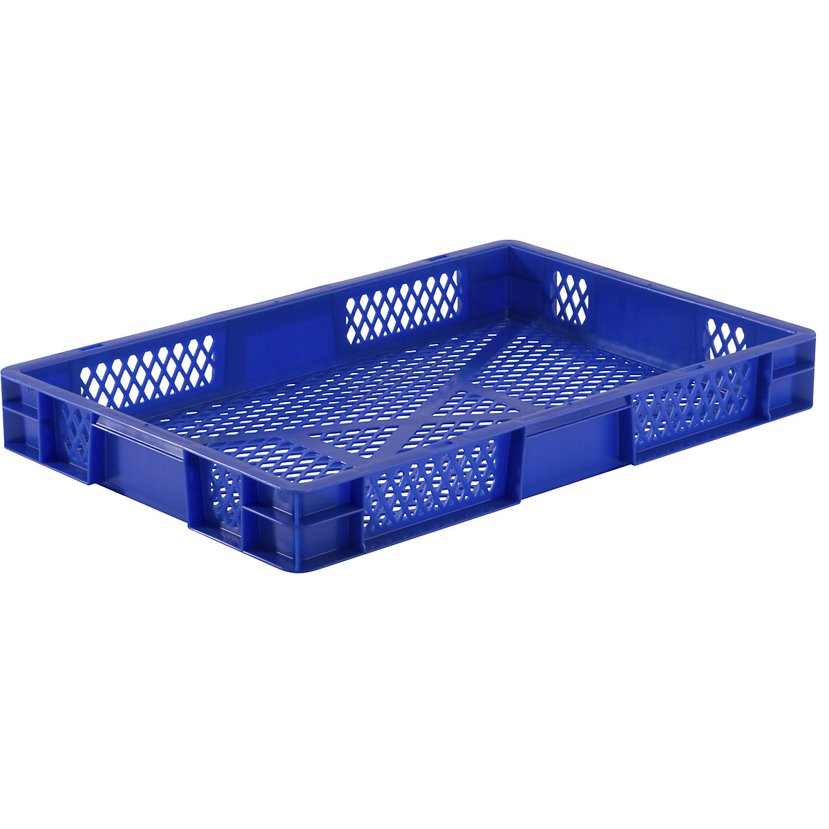 Pojemnik ustawiany w stos w formacie euro, ścianki i dno perforowane, dł. x szer. x wys. 600 x 400 x 75 mm, niebieski, opak. 5 szt.-0