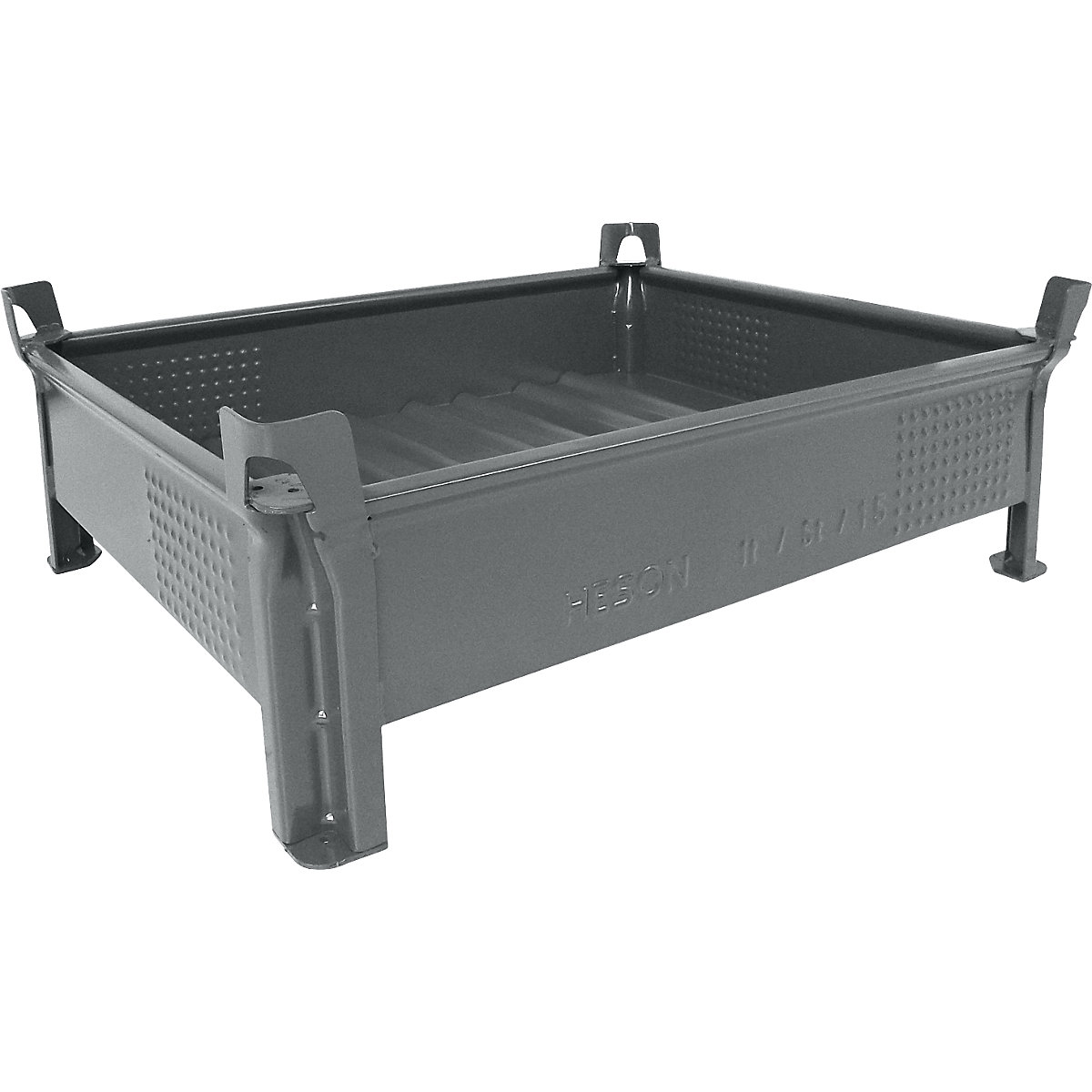 Pojemnik do ustawiania w stos z blachy stalowej, niska konstrukcja, ścianki zamknięte – Heson, szer. x dł. 800 x 1000 mm, nośność 2000 kg, szary, od 1 szt.-0