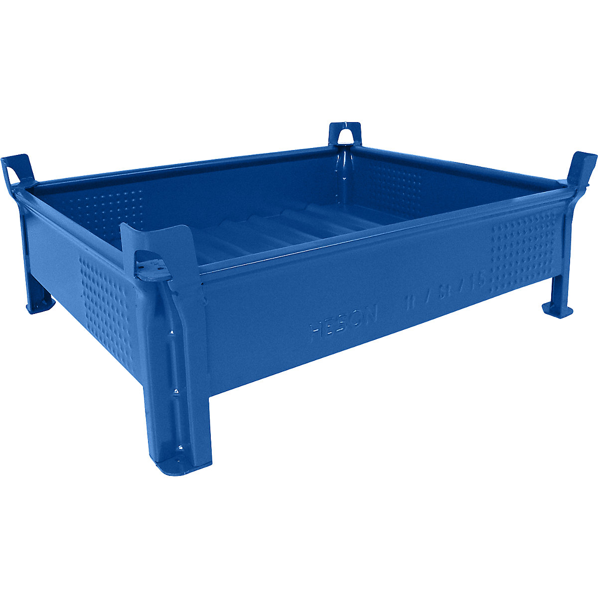 Pojemnik do ustawiania w stos z blachy stalowej, niska konstrukcja, ścianki zamknięte – Heson, szer. x dł. 800 x 1000 mm, nośność 500 kg, niebieski, od 1 szt.-0