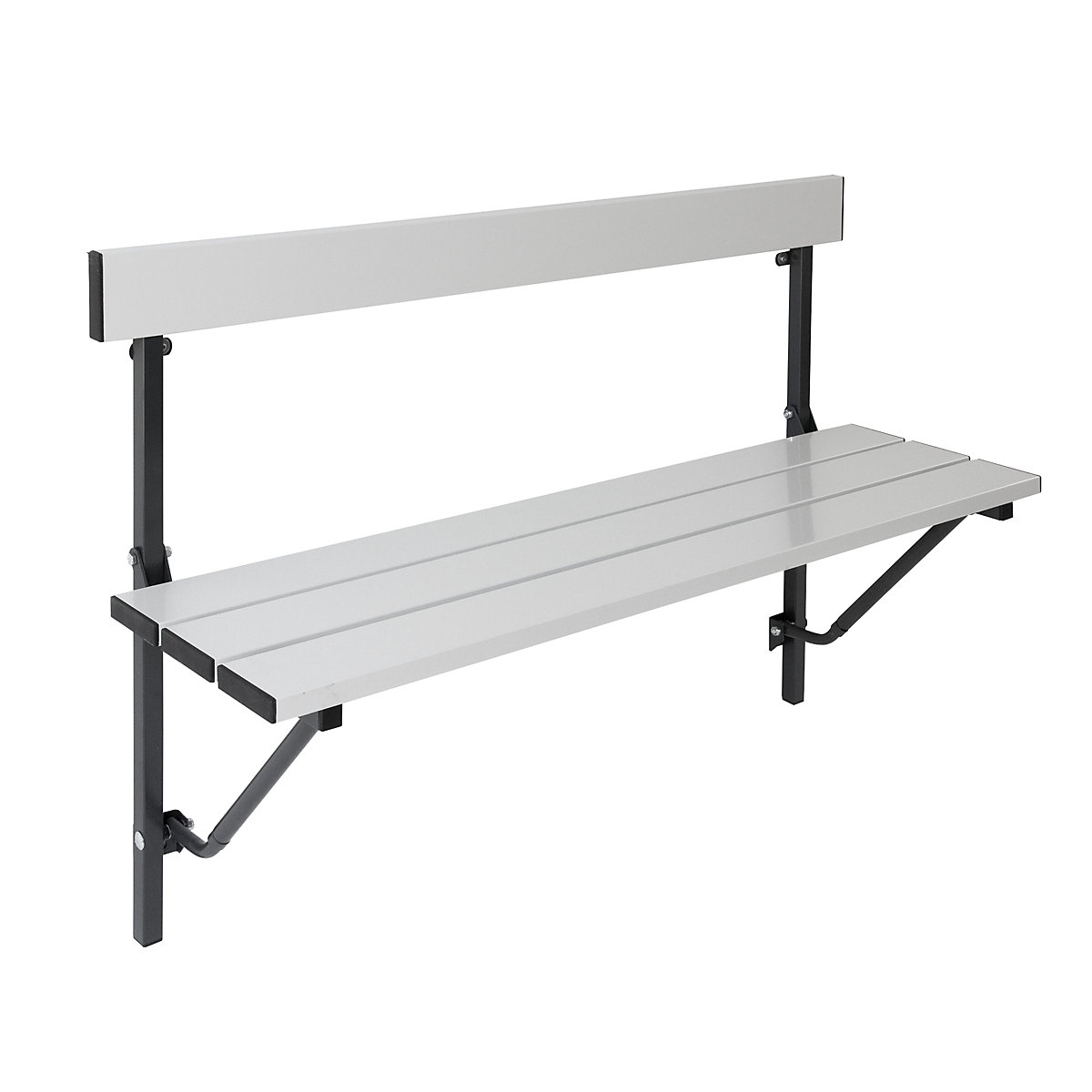 Folding wall-mounted bench – Sypro, folding, fixed length 1200 mm, with aluminium slats-2