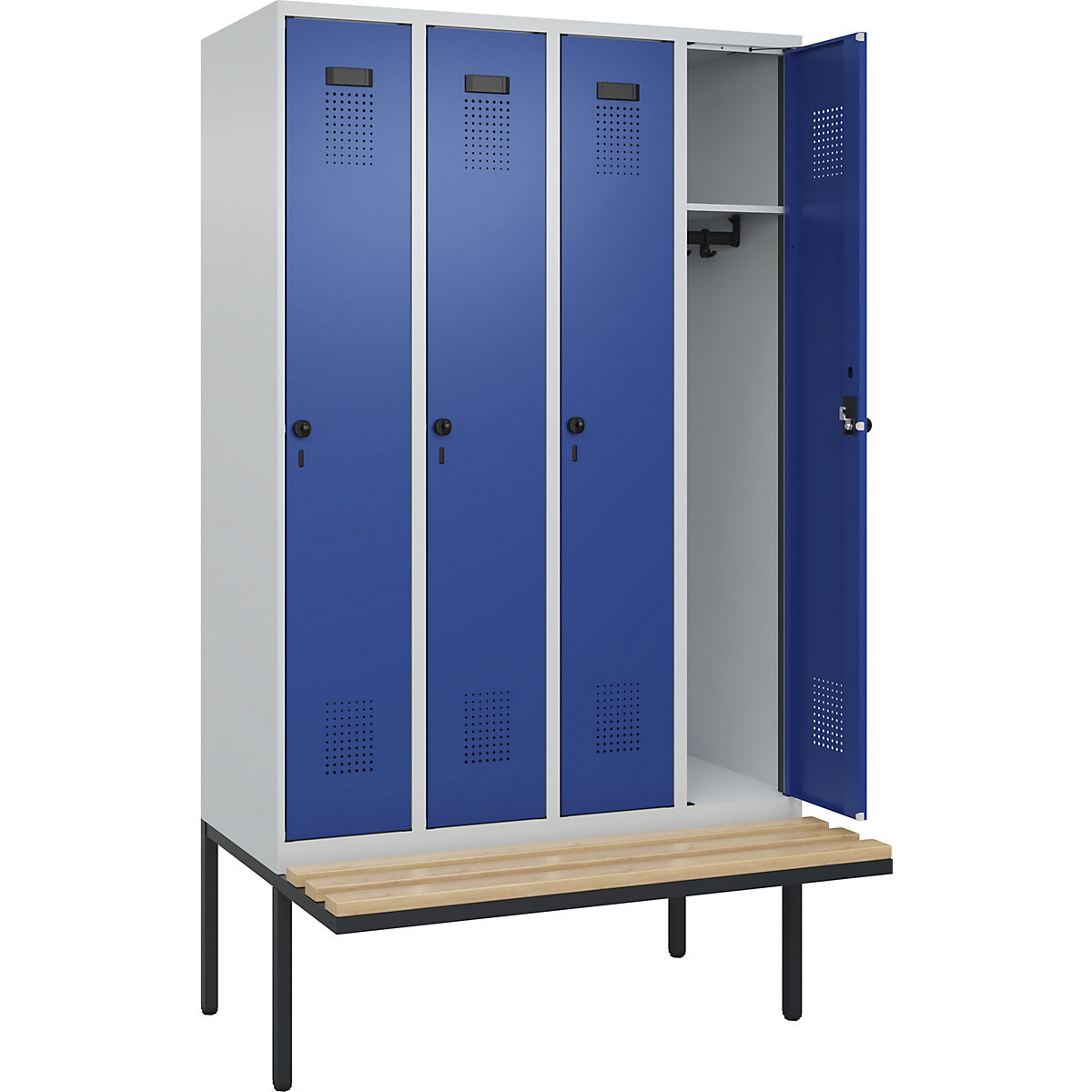 Evolo PLUS bench seat locker, 4 compartments, light grey / gentian blue, W 1200 mm, security rotary bolt, with cantilevered bench seat, beech-0
