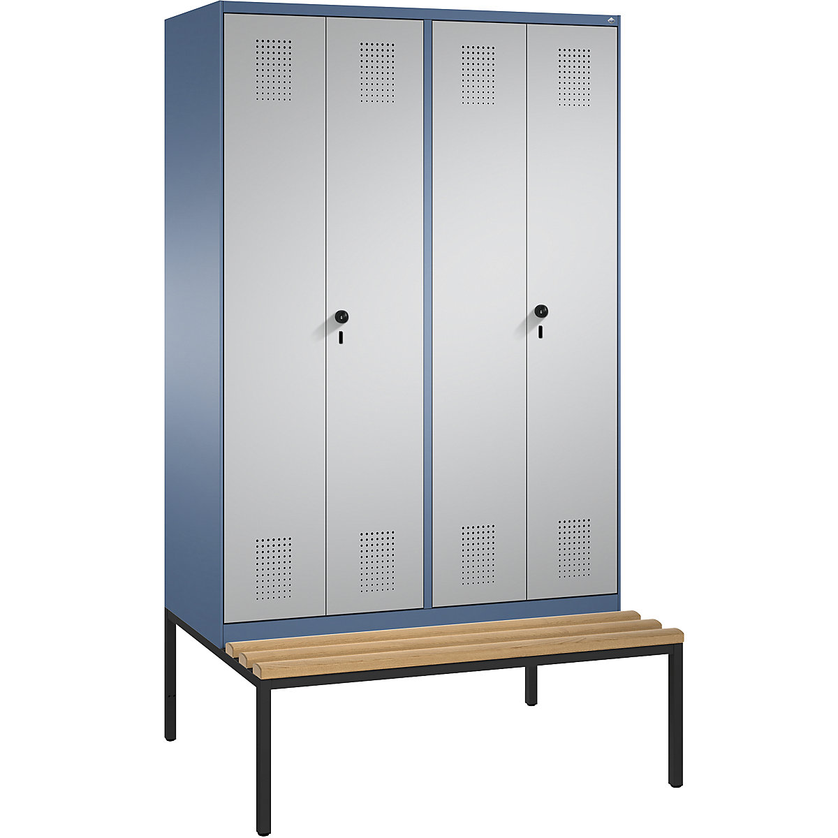 EVOLO cloakroom locker, doors close in the middle, with bench – C+P