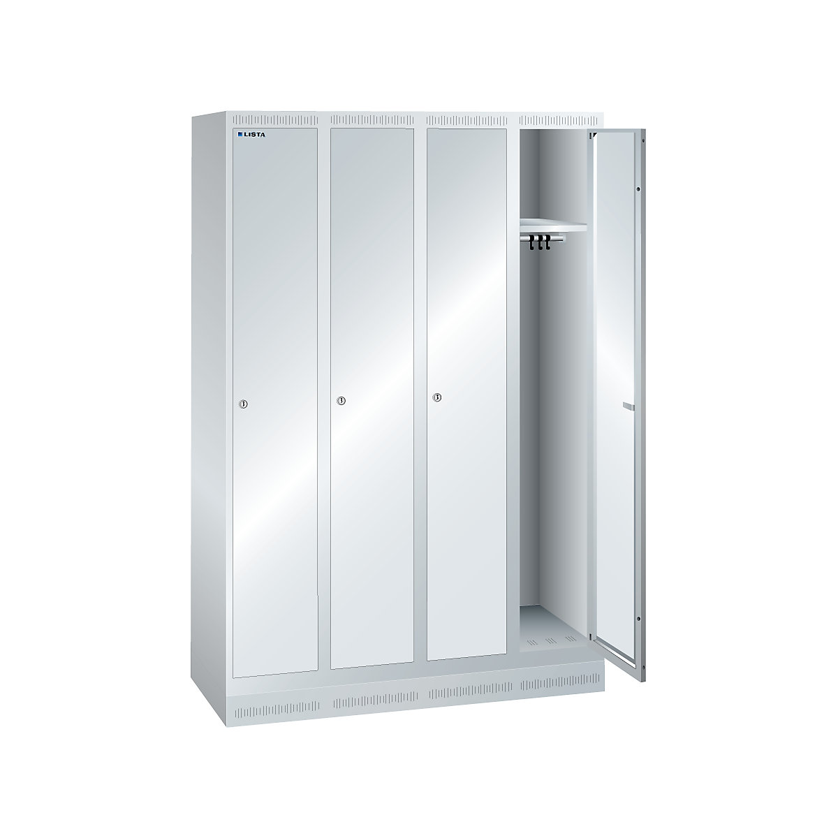 LISTA Garderobenschrank, Höhe 1800 mm, BxT 1200 x 500 mm, 4 Abteile, Vollblechtüren glatt, Türen lichtgrau, mit Plättchenzylinder