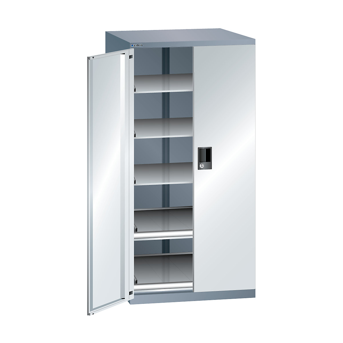 LISTA Schubladenschrank mit Flügeltüren, Höhe 1450 mm, 5 Böden, Traglast 75 kg, grau metallic / lichtgrau