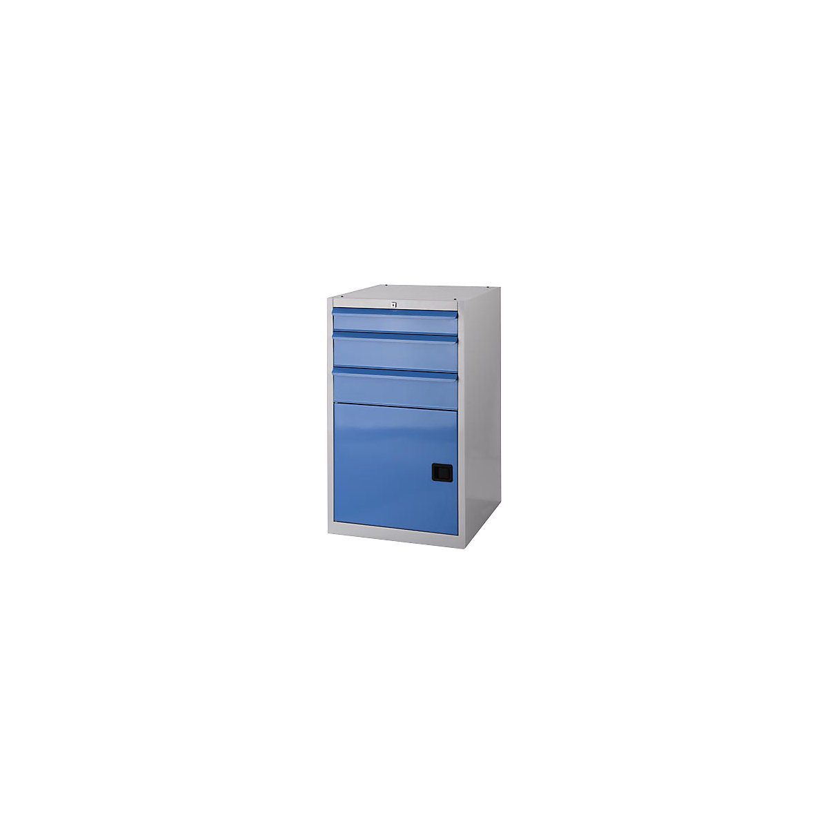 Schubladenschrank, BxT 600 x 600 mm, Höhe 1000 mm, 3 Schubladen, 1 Tür, lichtgrau / lichtblau