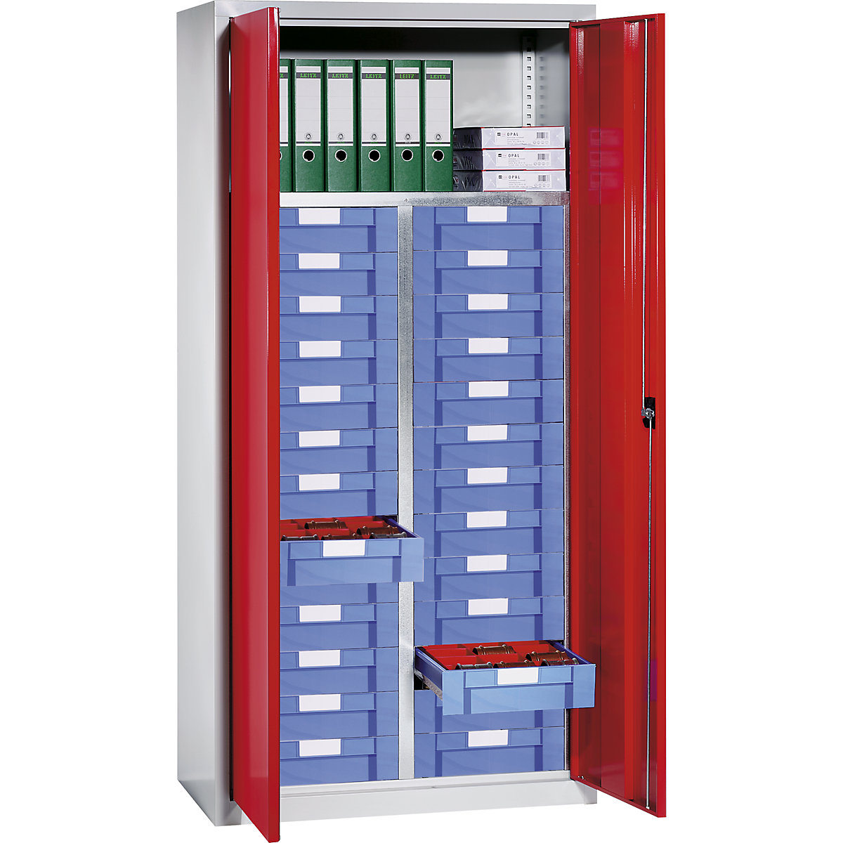 Storage and drawer cupboard – eurokraft pro, 1 shelf, 26 drawers, light grey RAL 7035 / traffic red RAL 3020-1