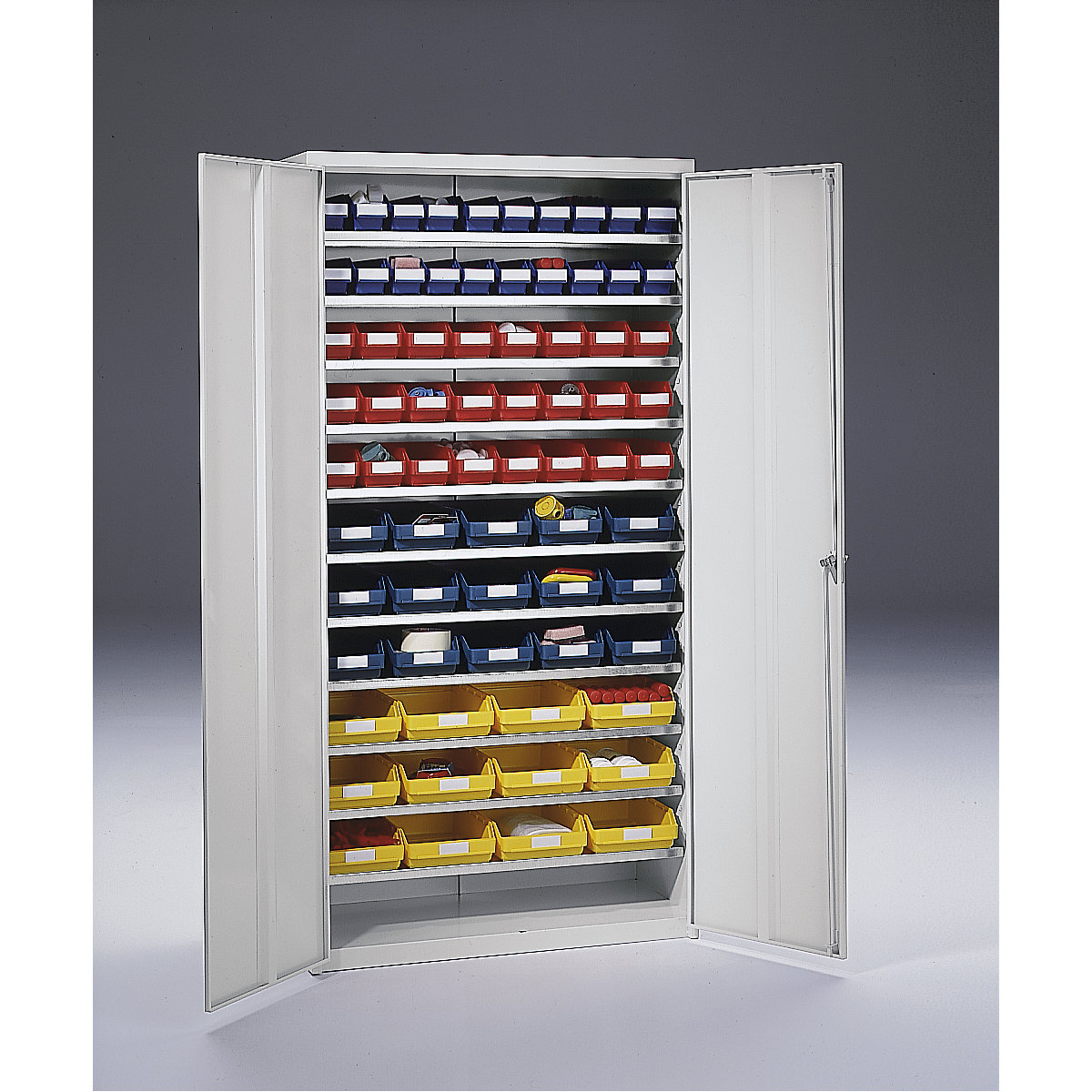 Storage cupboard – STEMO, HxWxD 1970 x 1000 x 450 mm, with shelf bins, 71 bins in different colours-1
