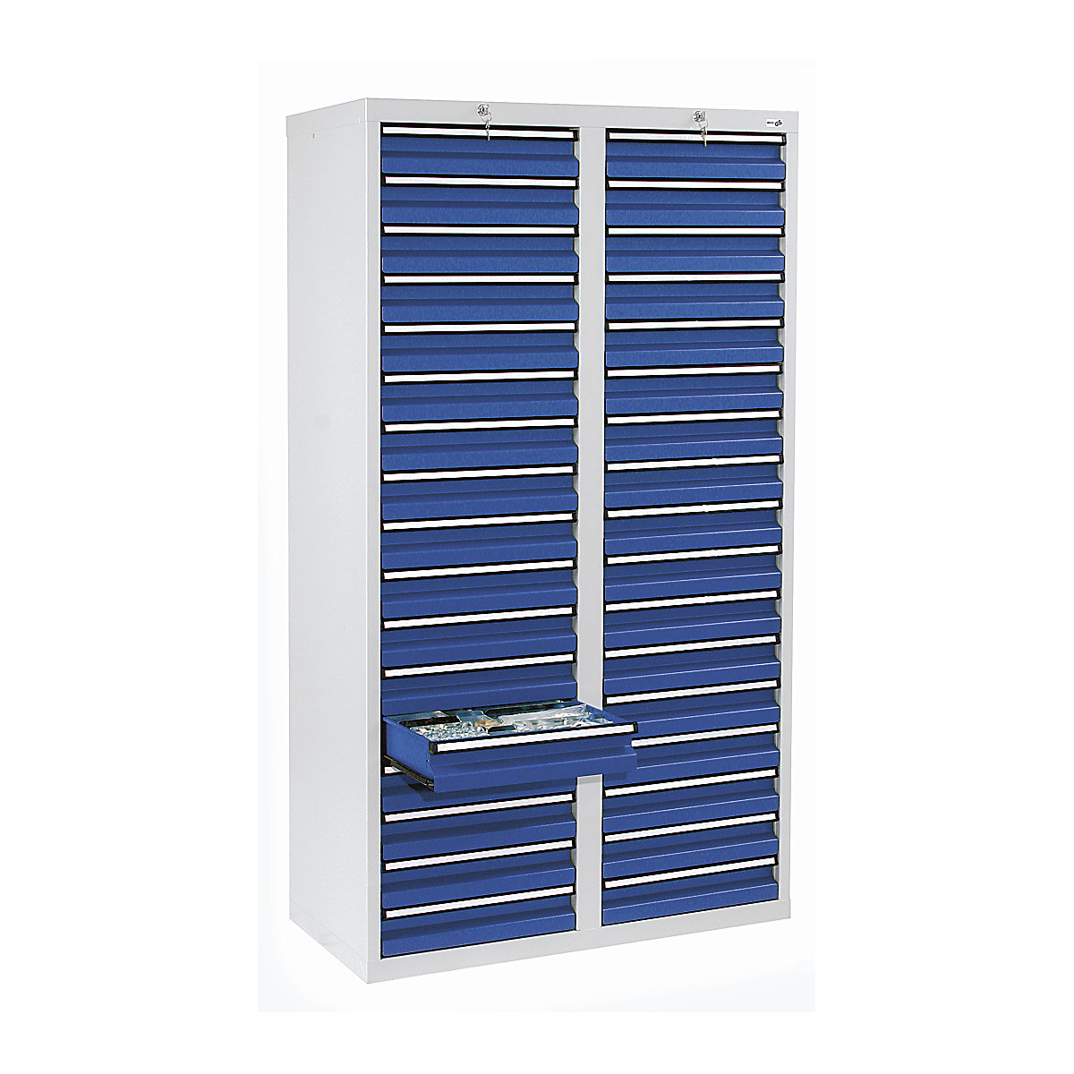Drawer cupboard, HxWxD 1800 x 1000 x 500 mm, 34 drawers 100 mm high, grey body, gentian blue drawers-8