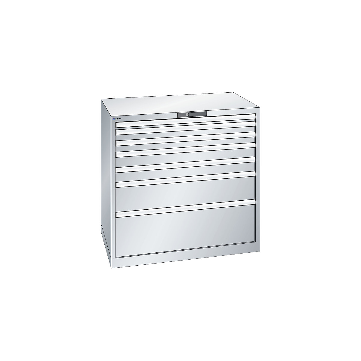 Drawer cupboard, sheet steel – LISTA, HxW 1000 x 1023 mm, 7 drawers, max. load 200 kg, light grey-1