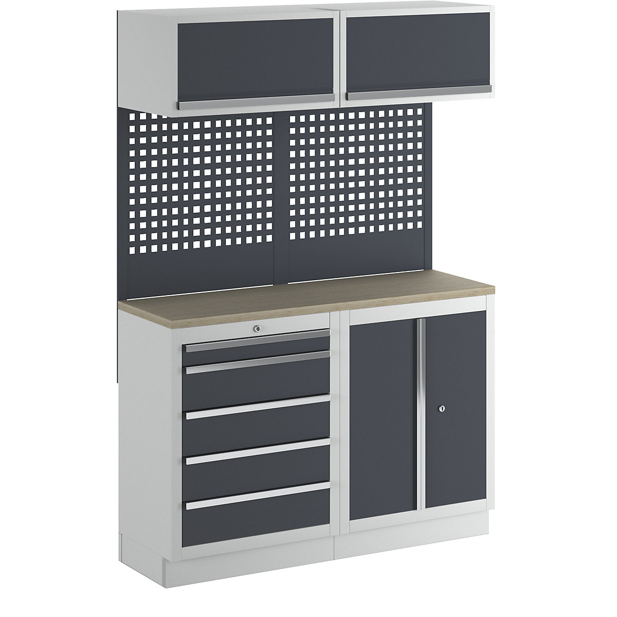 Workshop cupboard system with hinged door and drawer base cupboard