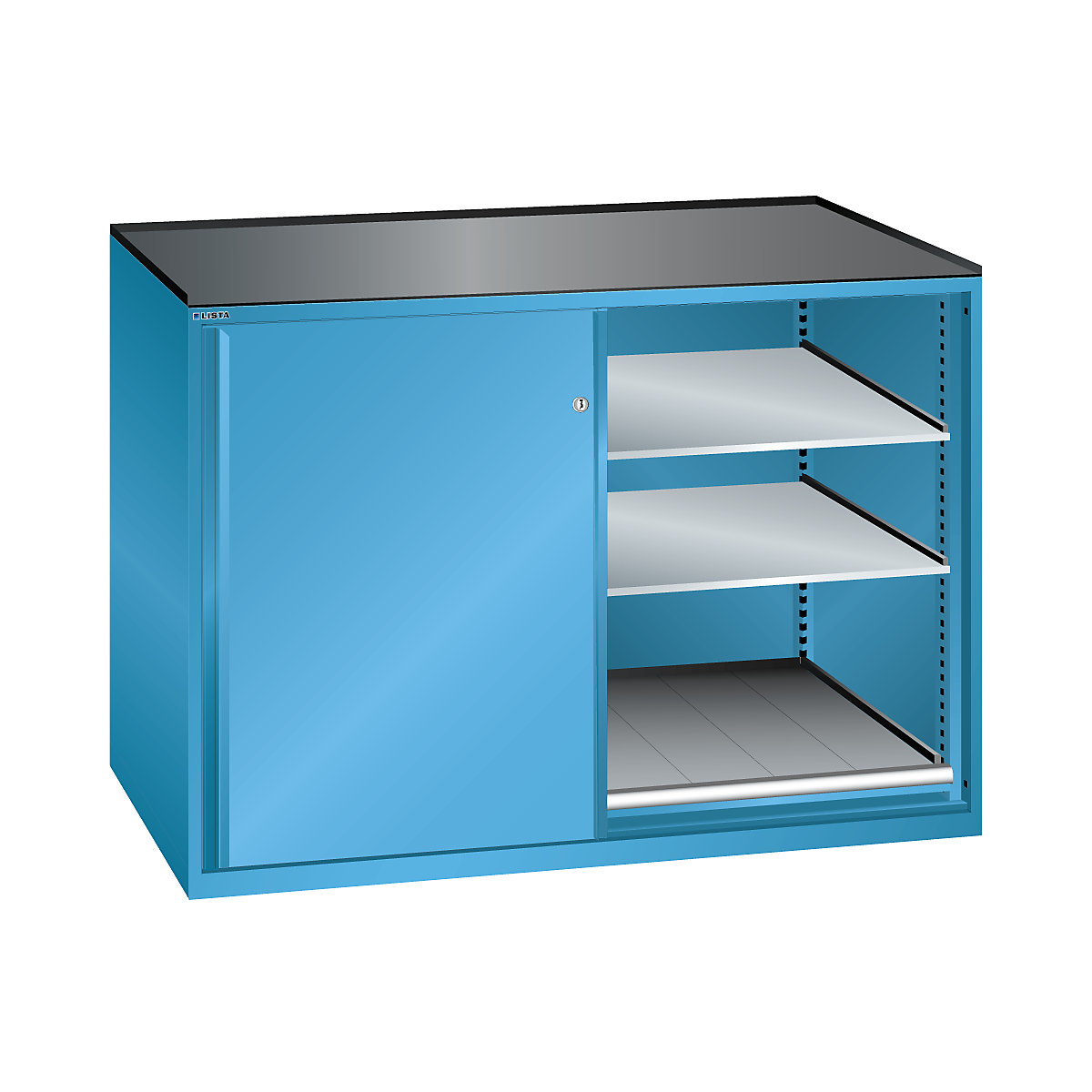 Sliding door cupboard, max. load of pull-out shelf 200 kg – LISTA, 4 adjustable drawers, 2 pull-out shelves, light blue-8