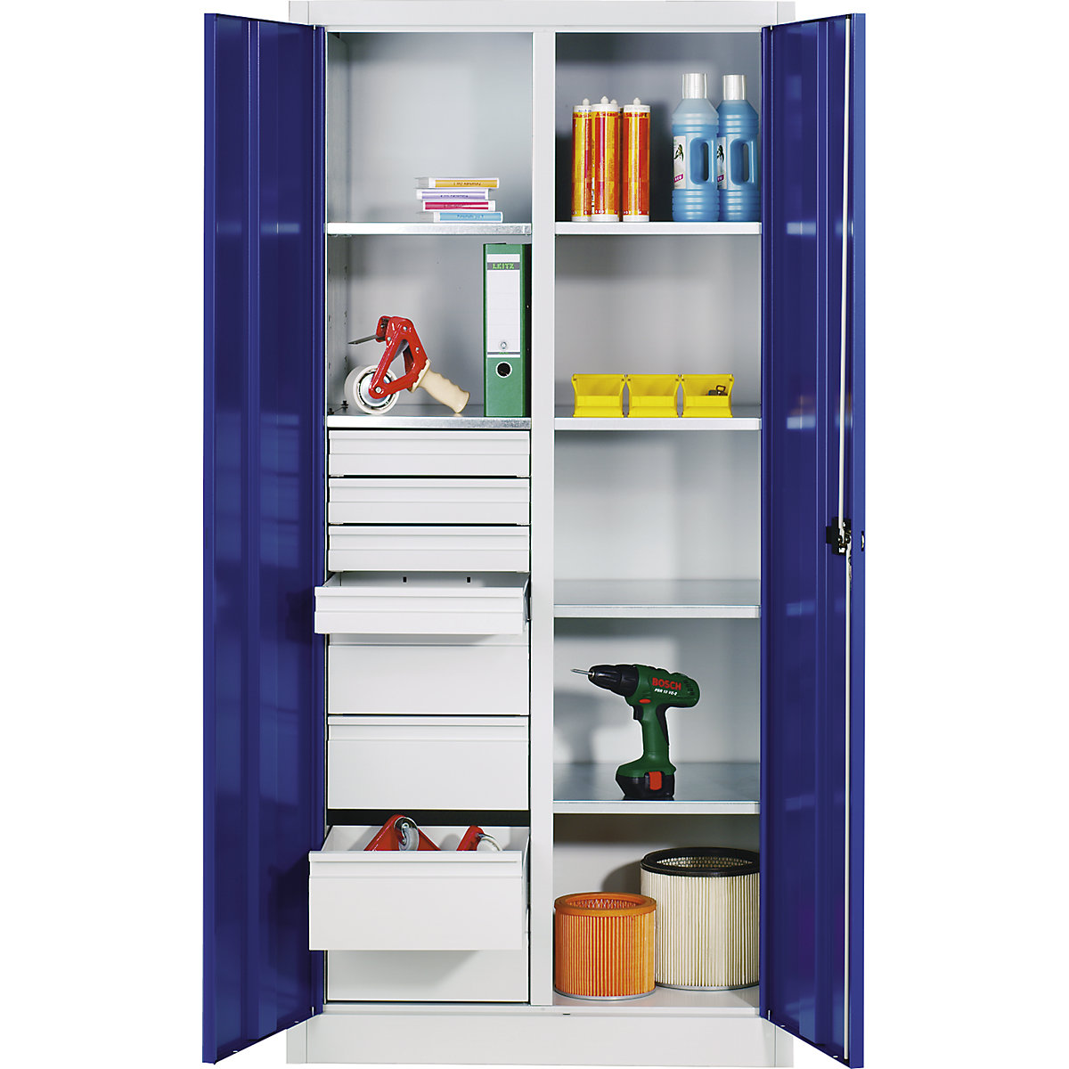 Storage cupboard made of sheet steel – C+P, 6 shelves, 8 drawers, HxWxD 1950 x 930 x 500 mm, gentian blue doors, light grey body-1