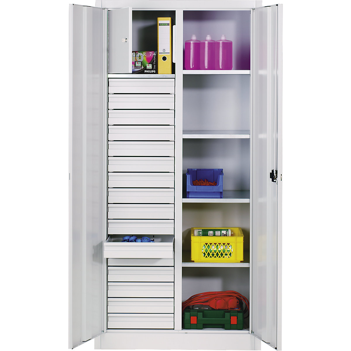 Storage cupboard made of sheet steel – C+P, 4 shelves, 16 drawers, 1 locker, HxWxD 1950 x 930 x 500 mm, light grey-1