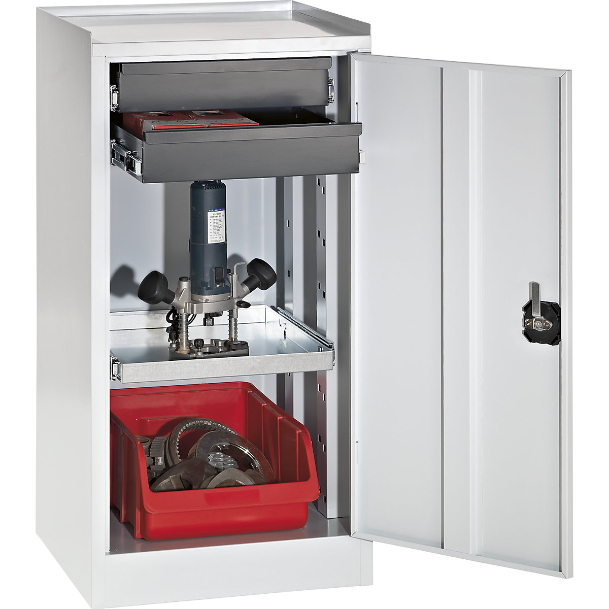 Tool and side cupboard – eurokraft pro, 2 drawers, 1 shelf, light grey door-8