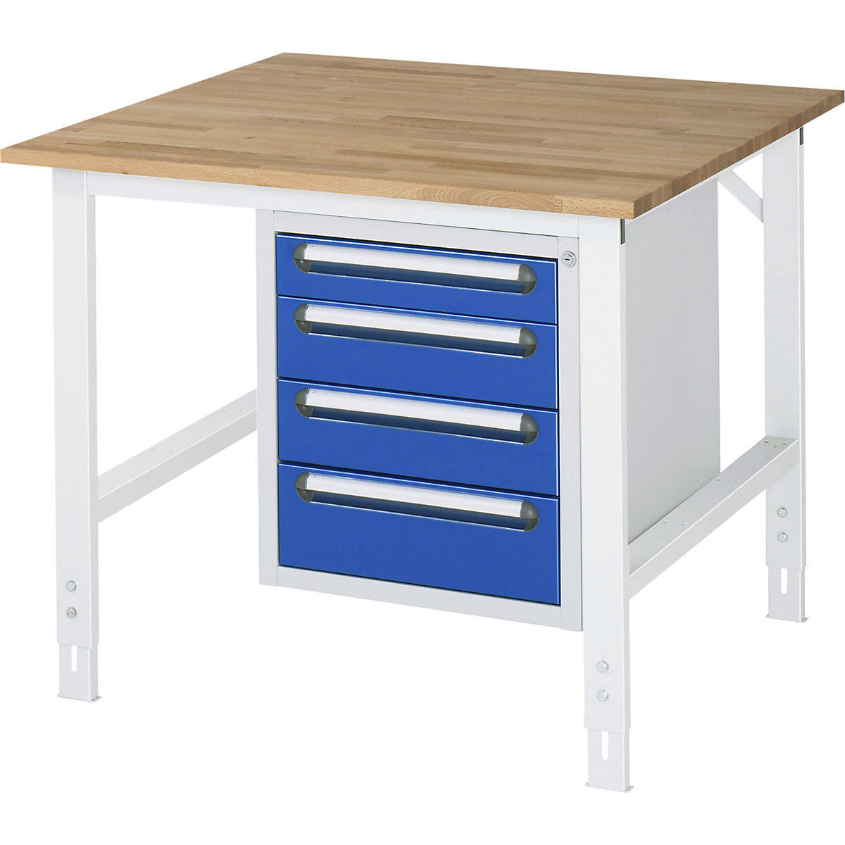 Stół roboczy z szafką z szufladami, kontener do wbudowania pod blatem z 4 szufladami 1 x 90, 2 x 120, 1 x 140 mm, szer. x głęb. 1000 x 1000 mm, blat bukowy, grub. 25 mm-0