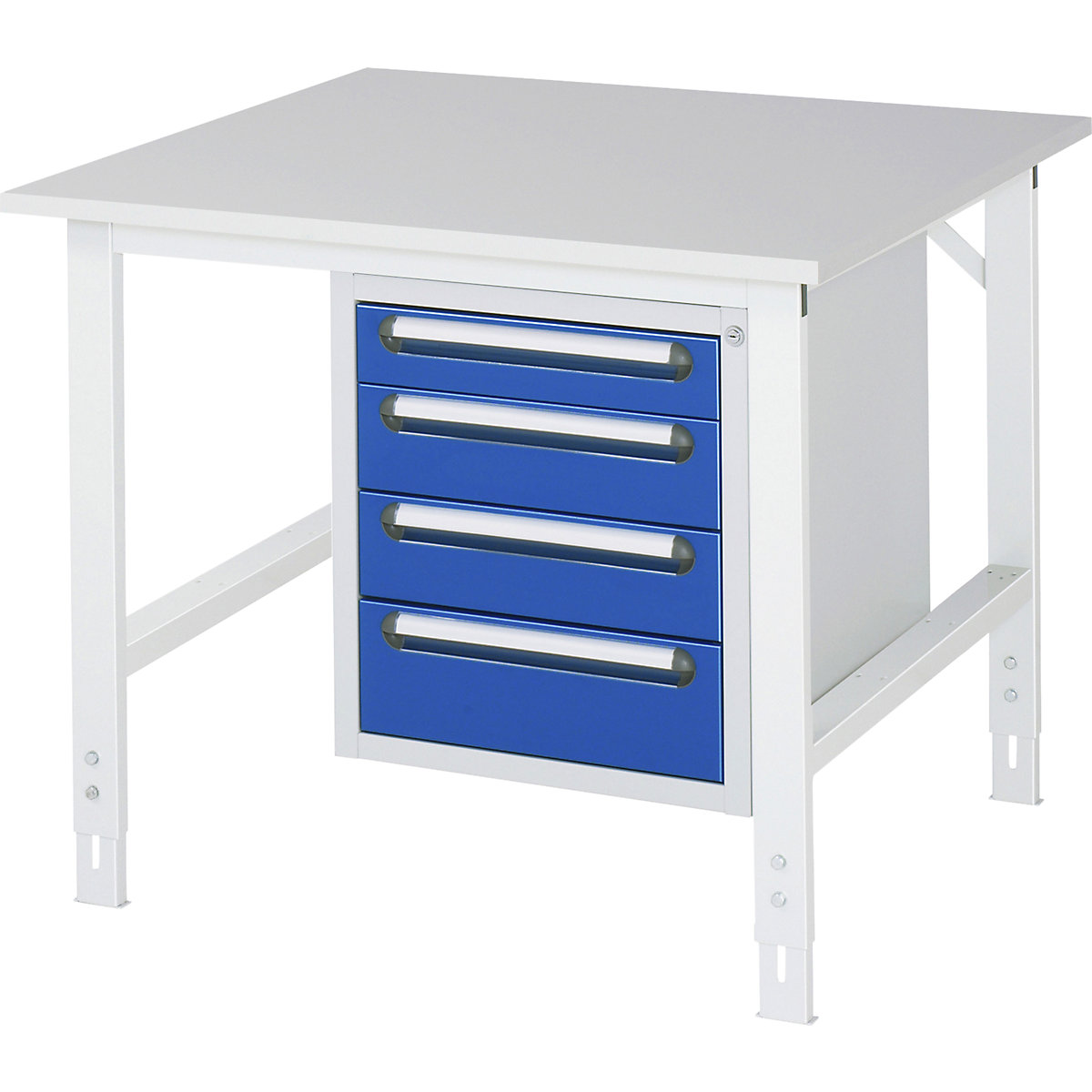 Stół roboczy z szafką z szufladami, kontener do wbudowania pod blatem z 4 szufladami 1 x 90, 2 x 120, 1 x 140 mm, szer. x głęb. 1000 x 1000 mm, blat melaminowy, grub. 22 mm-0