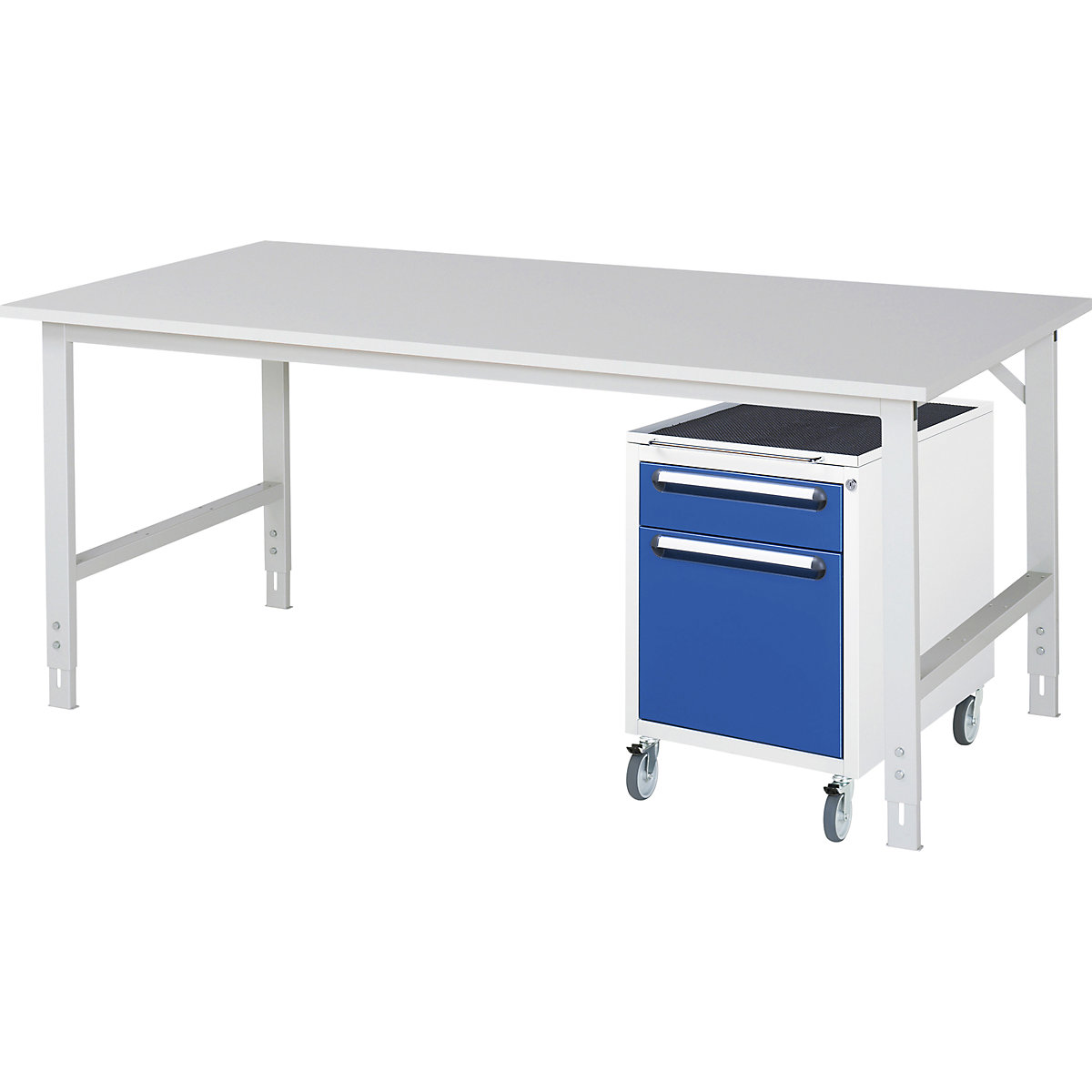Stół roboczy z szafką z szufladami, kontener na kółkach z 2 szufladami 1 x 120, 1 x 360 mm, szer. x głęb. 2000 x 1000 mm, blat melaminowy, grub. 22 mm-0