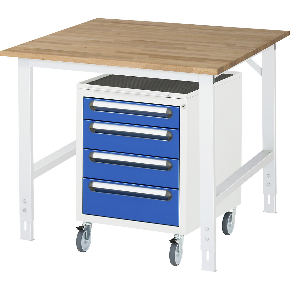 Stół roboczy z szafką z szufladami, kontener na kółkach z 4 szufladami 1 x 90, 2 x 120, 1 x 140 mm, szer. x głęb. 1000 x 1000 mm, blat bukowy, grub. 25 mm-0