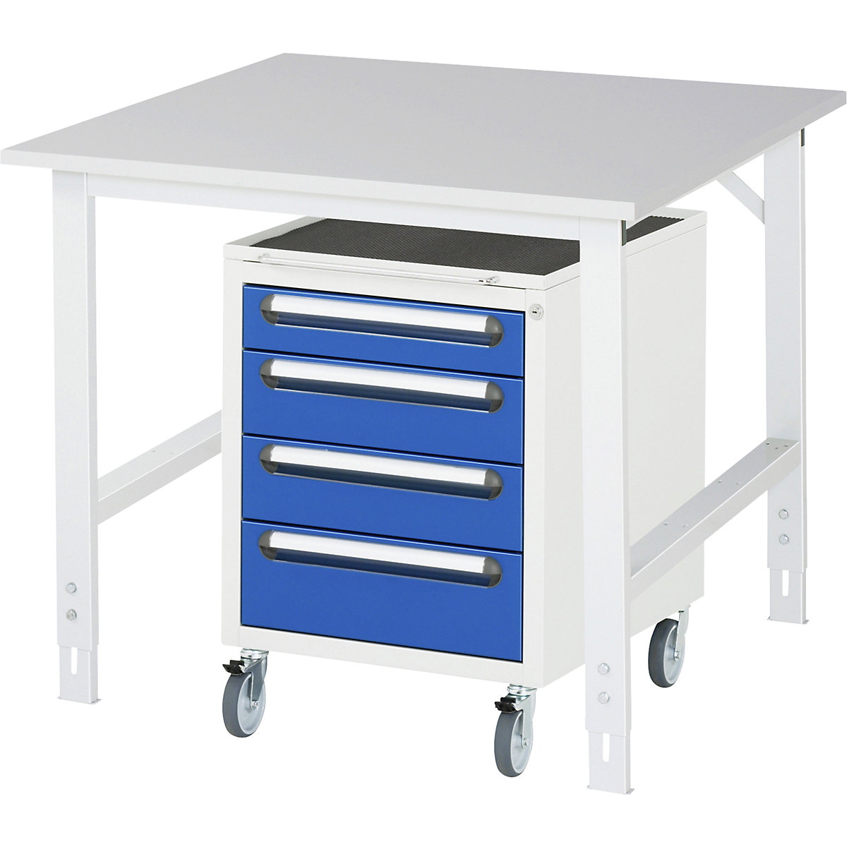 Stół roboczy z szafką z szufladami, kontener na kółkach z 4 szufladami 1 x 90, 2 x 120, 1 x 140 mm, szer. x głęb. 1000 x 1000 mm, blat melaminowy, grub. 22 mm-0
