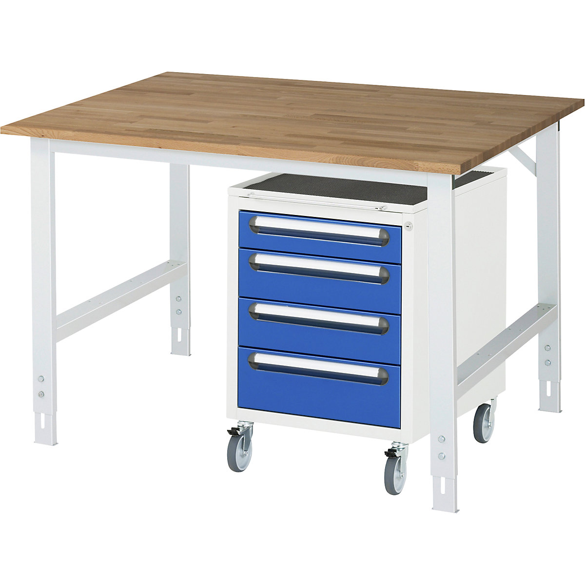 Stół roboczy z szafką z szufladami, kontener na kółkach z 4 szufladami 1 x 90, 2 x 120, 1 x 140 mm, szer. x głęb. 1250 x 1000 mm, blat bukowy, grub. 25 mm-0
