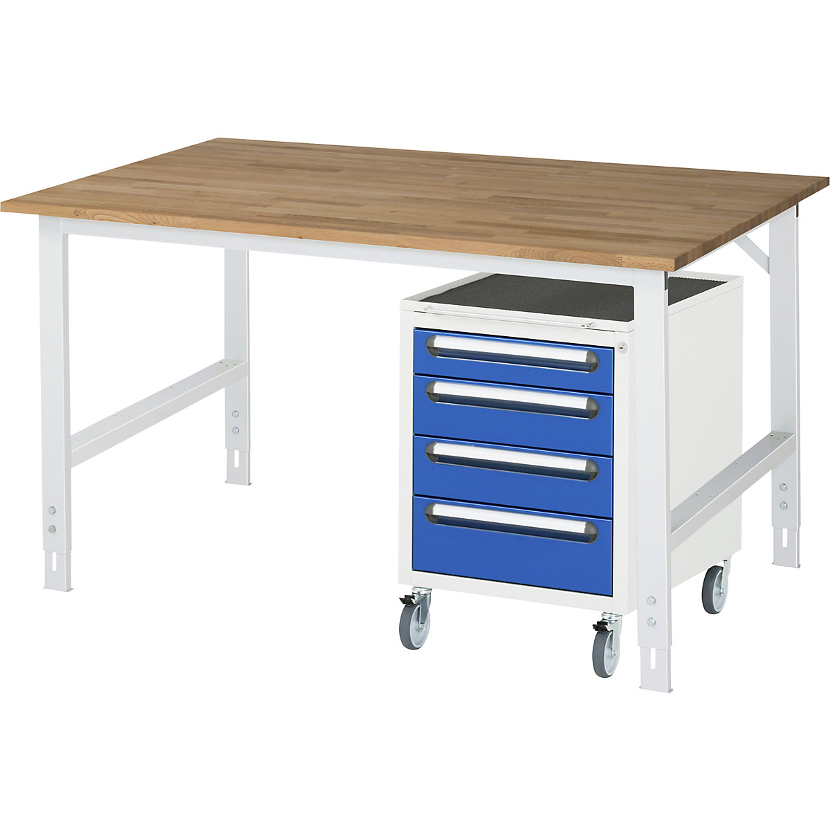 Stół roboczy z szafką z szufladami, kontener na kółkach z 4 szufladami 1 x 90, 2 x 120, 1 x 140 mm, szer. x głęb. 1500 x 1000 mm, blat bukowy, grub. 25 mm-0