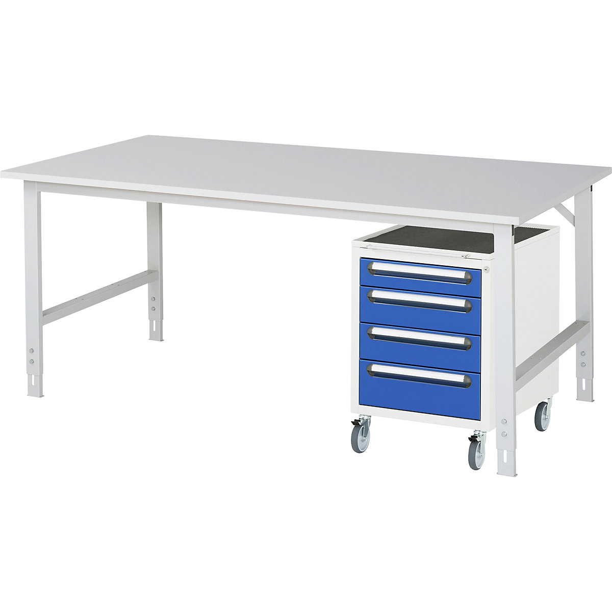 Stół roboczy z szafką z szufladami, kontener na kółkach z 4 szufladami 1 x 90, 2 x 120, 1 x 140 mm, szer. x głęb. 2000 x 1000 mm, blat melaminowy, grub. 22 mm-0